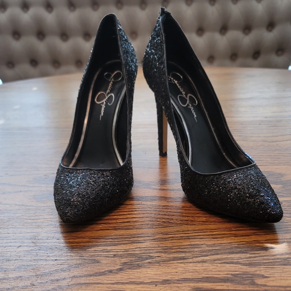 Jessica Simpson Black Sparkle Sequin Beaded Pointed Toe Heels Shoes Size 8.5